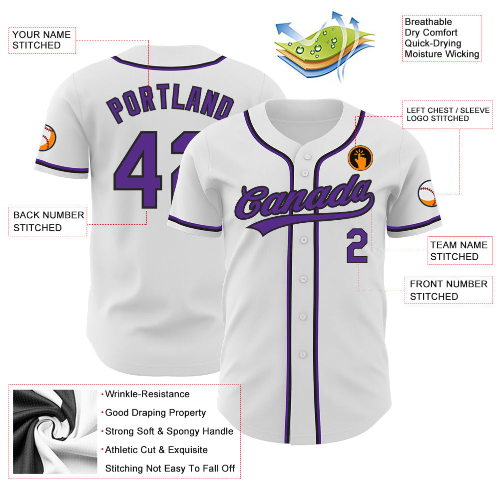 Custom White Purple-Black Authentic Baseball Jersey view 3