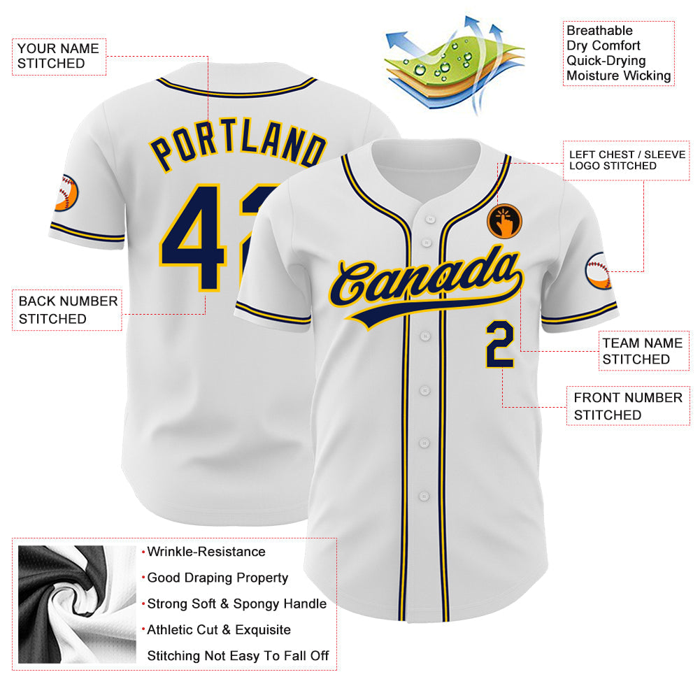 Custom White Navy-Gold Authentic Baseball Jersey view 3