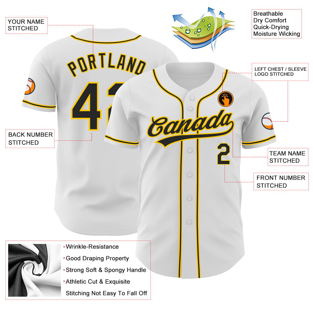 Custom White Black-Gold Authentic Baseball Jersey view 3