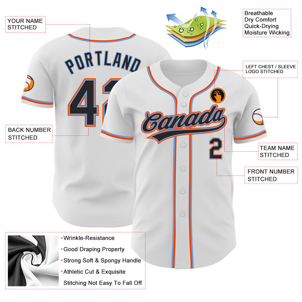 Custom White Black Powder Blue-Orange Authentic Baseball Jersey view 3