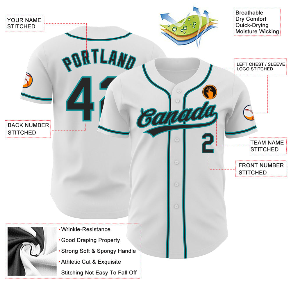 Custom White Black-Teal Authentic Baseball Jersey view 3