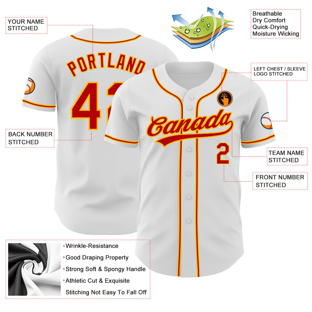 Custom White Red-Gold Authentic Baseball Jersey view 3