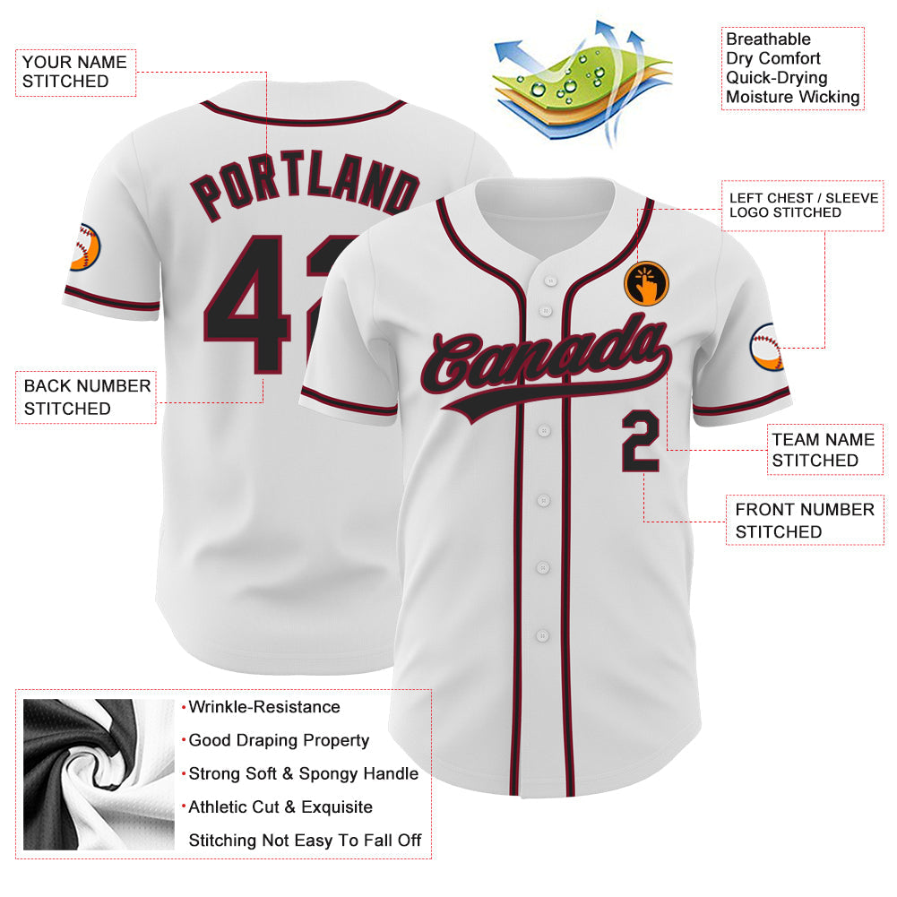 Custom White Black-Crimson Authentic Baseball Jersey view 3