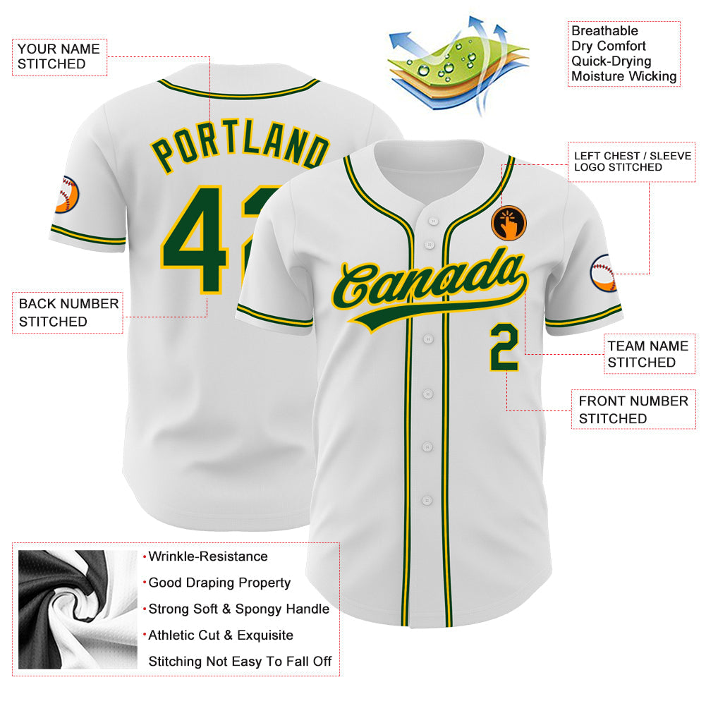 Custom White Green-Gold Authentic Baseball Jersey view 3