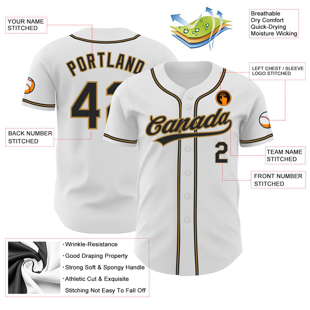 Custom White Black-Old Gold Authentic Baseball Jersey view 3