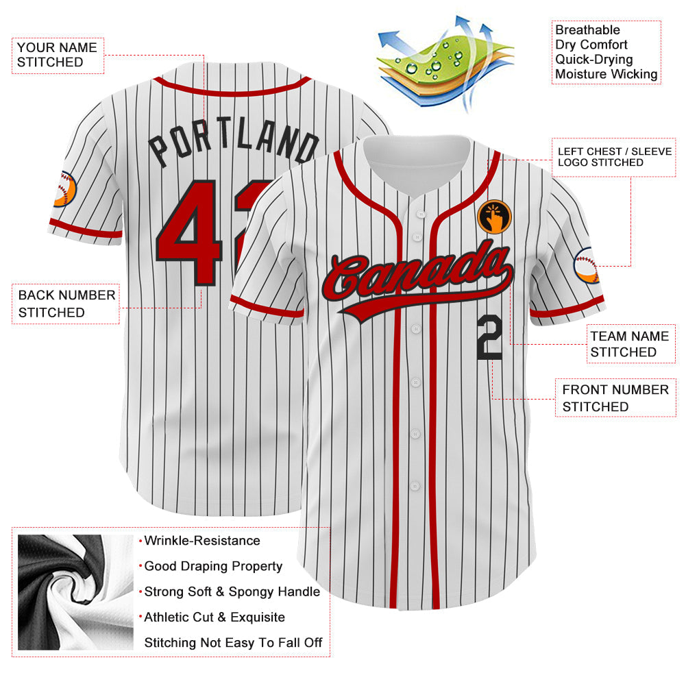 Custom White Black Pinstripe Red Authentic Baseball Jersey view 3