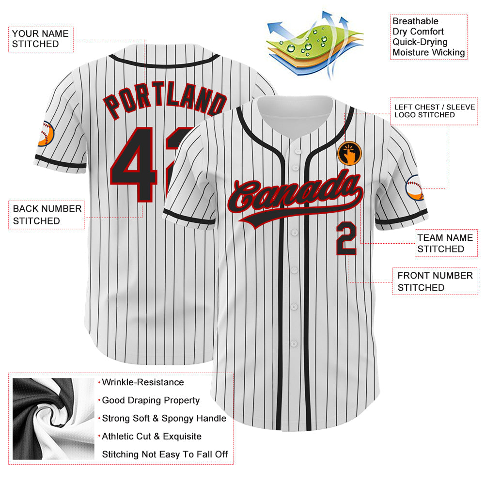 Custom White Black Pinstripe Black-Red Authentic Baseball Jersey view 3
