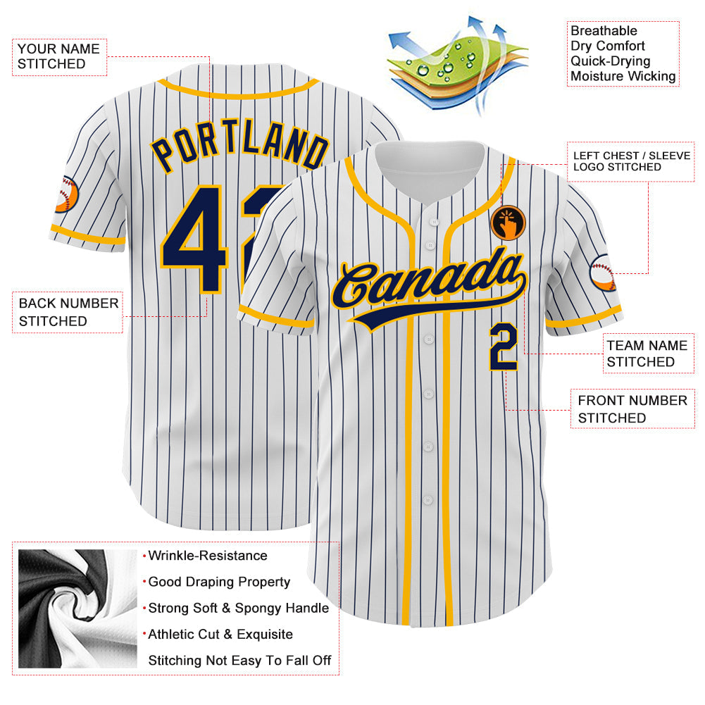 Custom White Navy Pinstripe Navy-Gold Authentic Baseball Jersey view 3