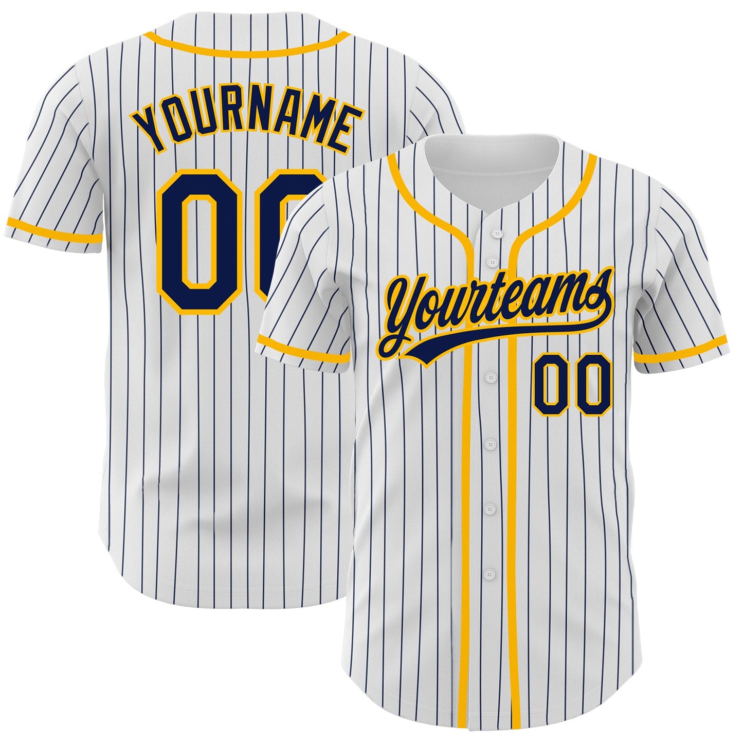 Custom White Navy Pinstripe Navy-Gold Authentic Baseball Jersey - Main View