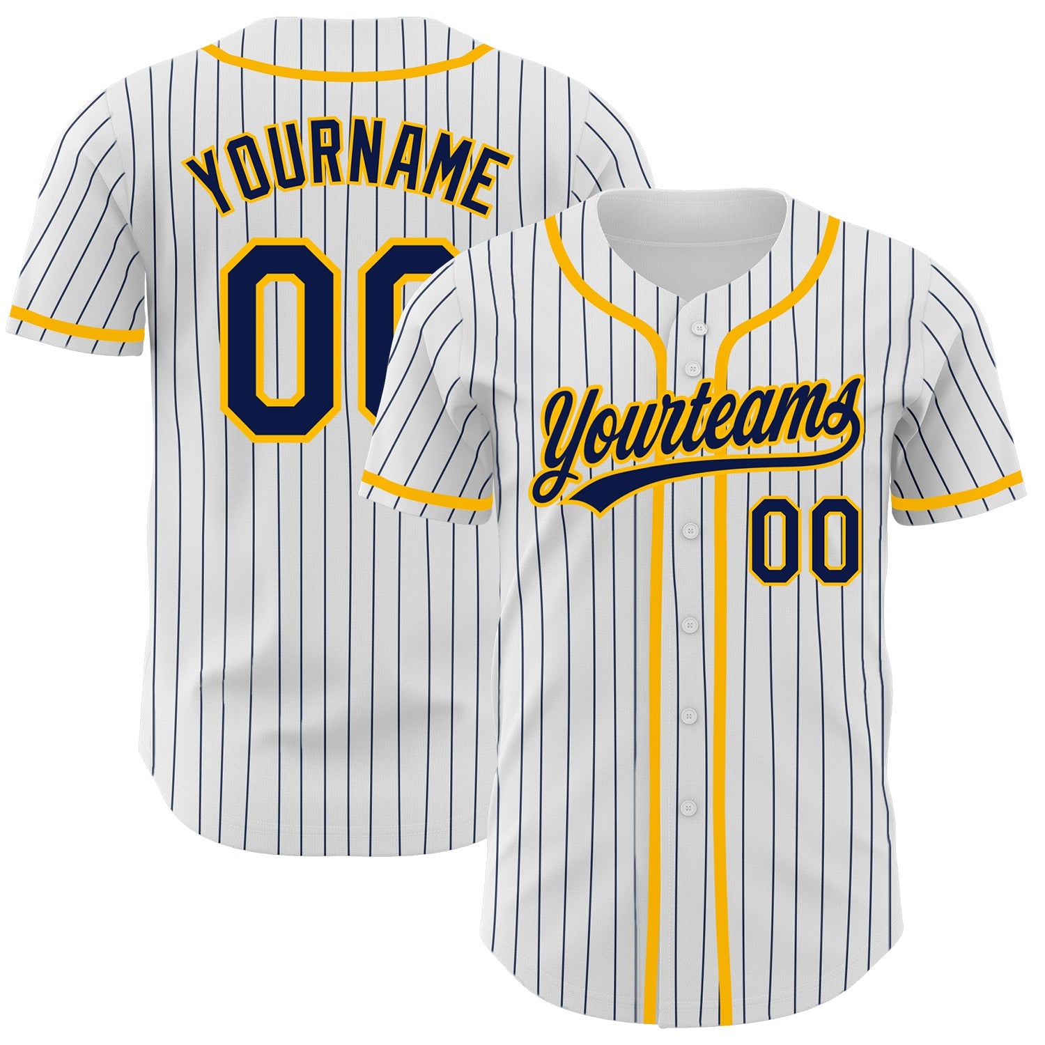 Custom White Navy Pinstripe Navy-Gold Authentic Baseball Jersey - Main View