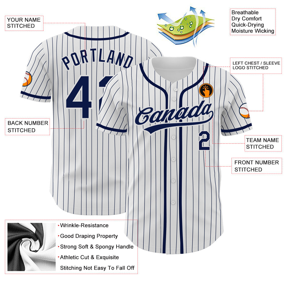 Custom White Navy Pinstripe Navy Authentic Baseball Jersey view 3
