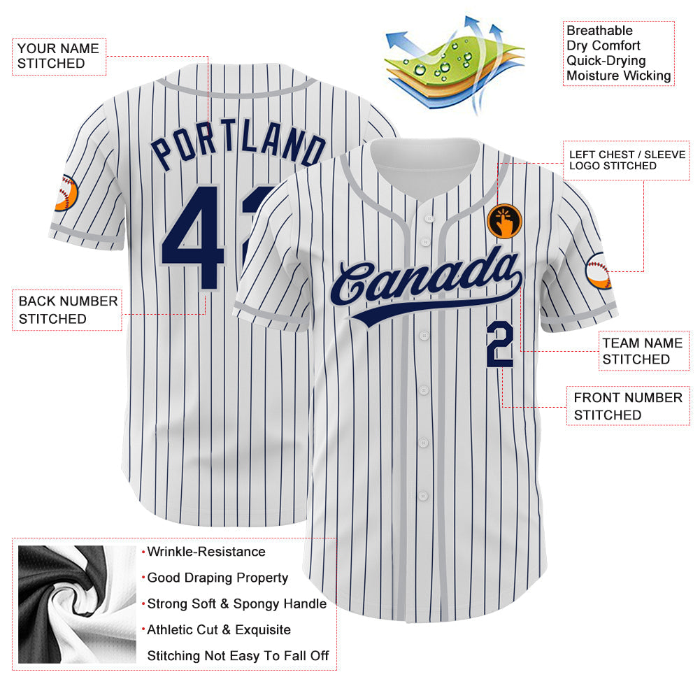 Custom White Navy Pinstripe Navy-Gray Authentic Baseball Jersey view 4