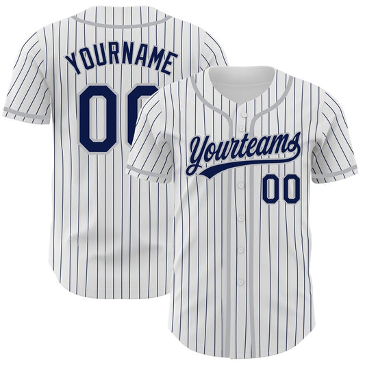 Custom White Navy Pinstripe Navy-Gray Authentic Baseball Jersey - Main View