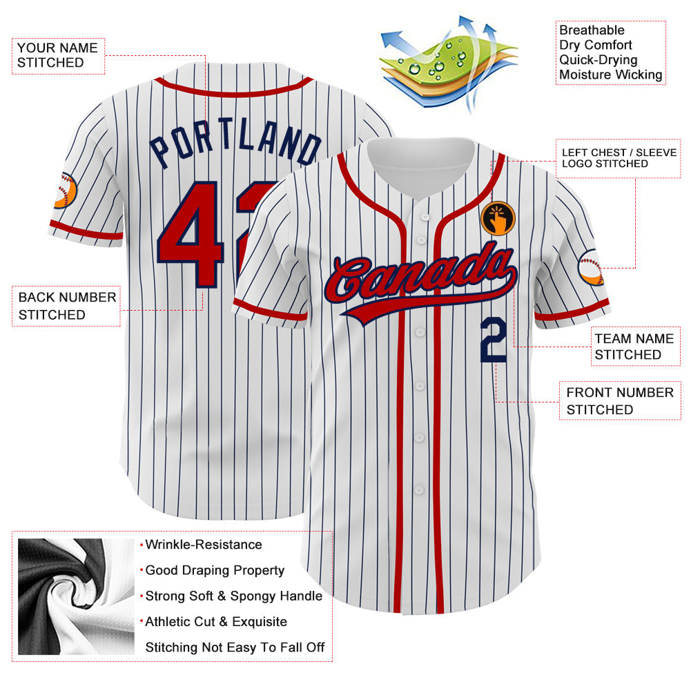 Custom White Navy Pinstripe Red Authentic Baseball Jersey view 3