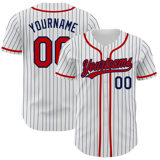 Custom White Navy Pinstripe Red Authentic Baseball Jersey - Main View