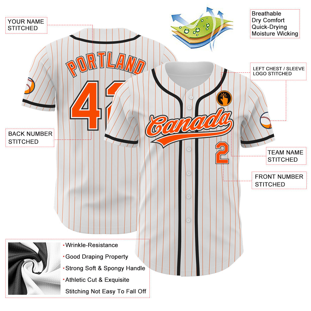 Custom White Orange Pinstripe Orange-Black Authentic Baseball Jersey view 3