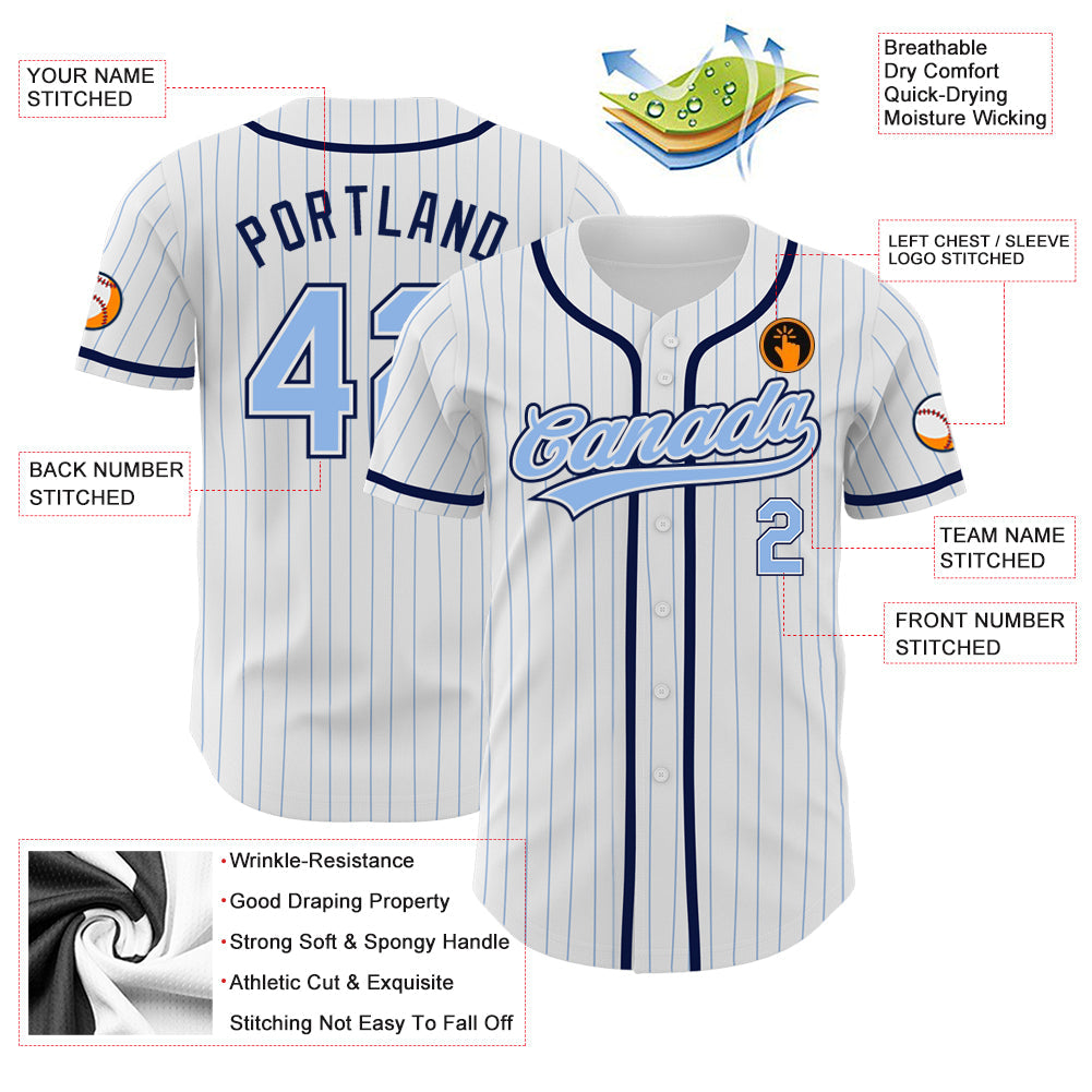 Custom White Light Blue Pinstripe Light Blue-Navy Authentic Baseball Jersey view 3
