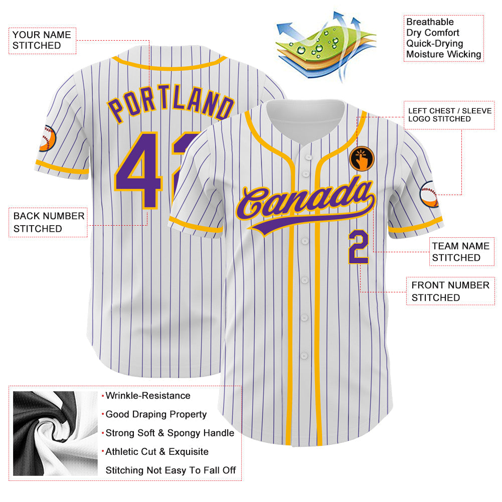 Custom White Purple Pinstripe Purple-Gold Authentic Baseball Jersey view 3