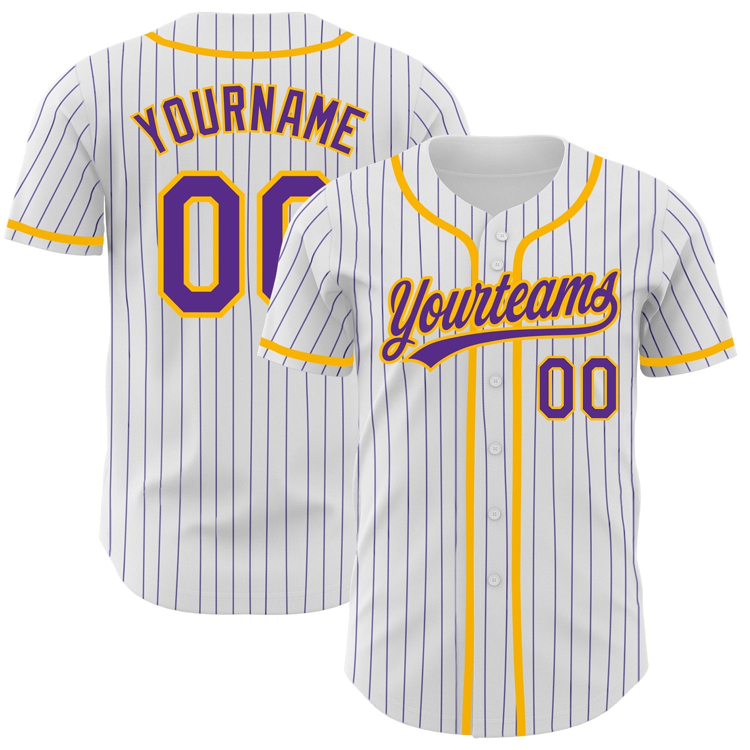 Custom White Purple Pinstripe Purple-Gold Authentic Baseball Jersey - Main View