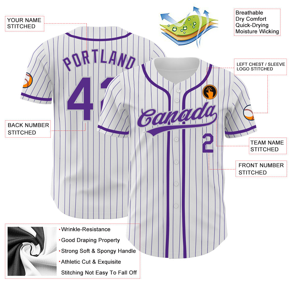 Custom White Purple Pinstripe Purple-Gray Authentic Baseball Jersey view 4