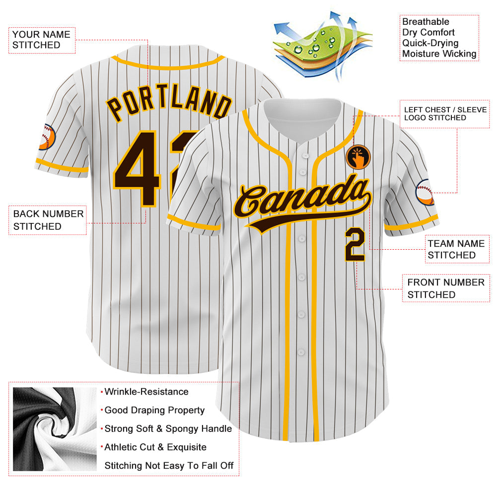 Custom White Brown Pinstripe Brown-Gold Authentic Baseball Jersey view 3