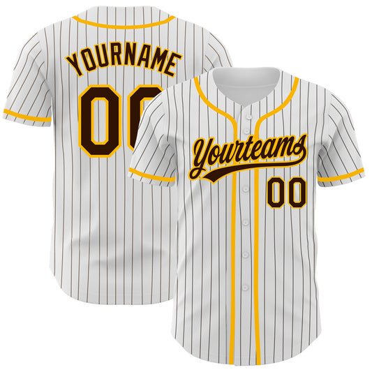 Custom White Brown Pinstripe Brown-Gold Authentic Baseball Jersey - Main View