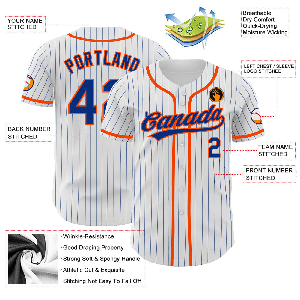 Custom White Royal Pinstripe Royal-Orange Authentic Baseball Jersey view 3