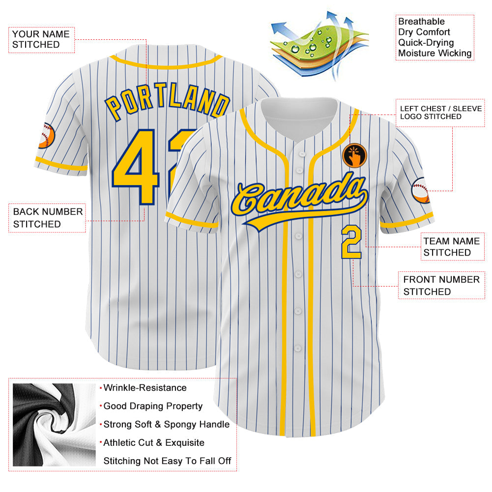Custom White Royal Pinstripe Gold Authentic Baseball Jersey view 3