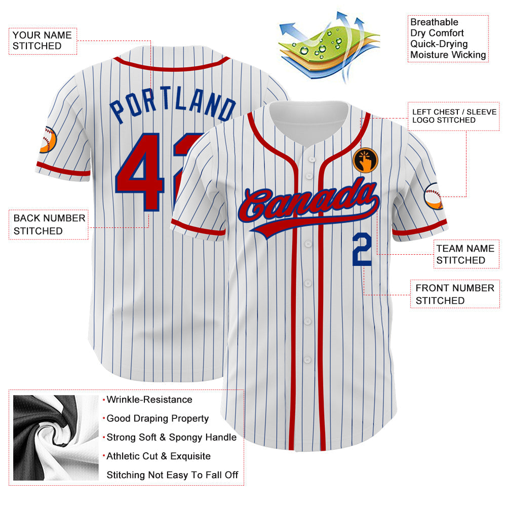 Custom White Royal Pinstripe Red Authentic Baseball Jersey view 3