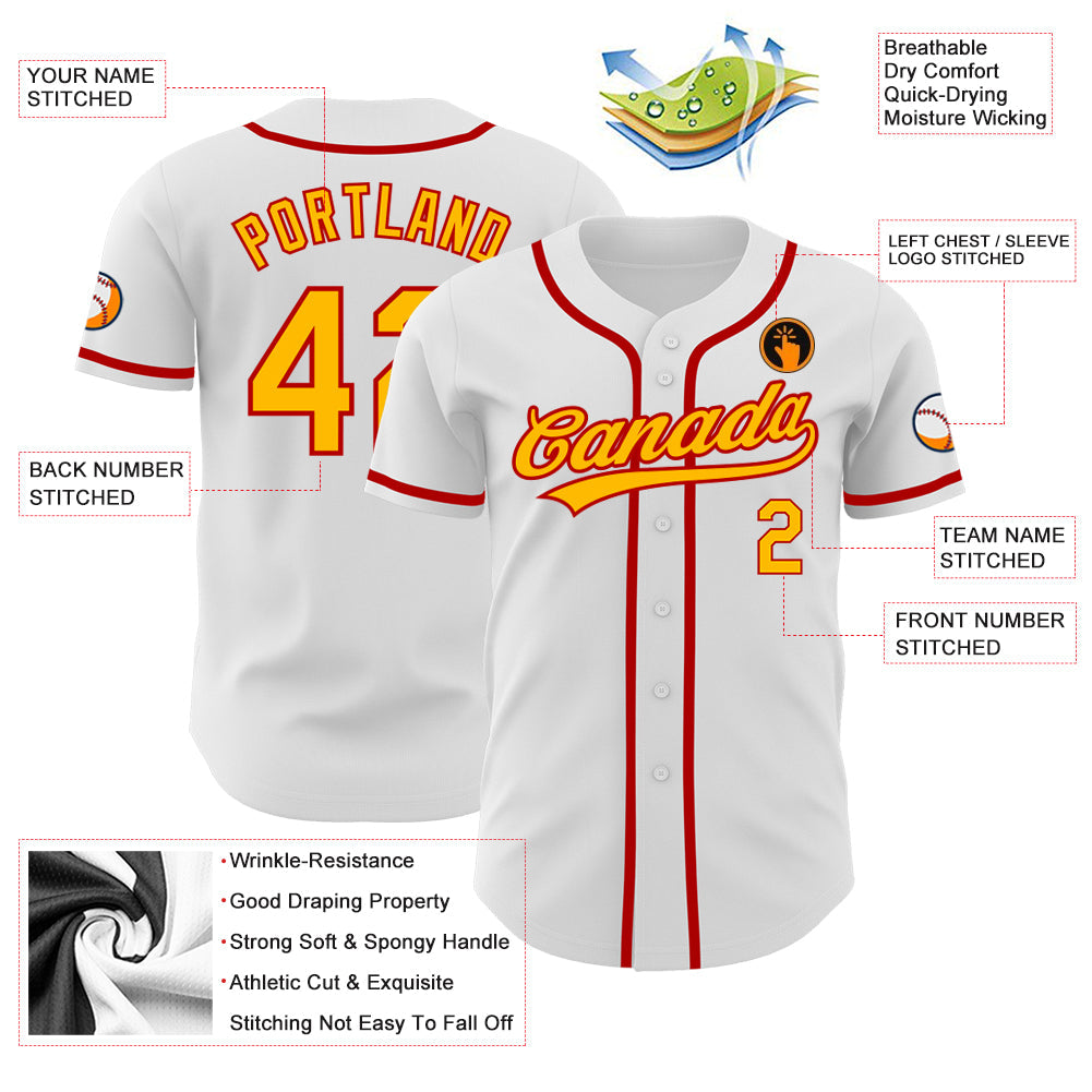 Custom White Gold-Red Authentic Baseball Jersey view 3