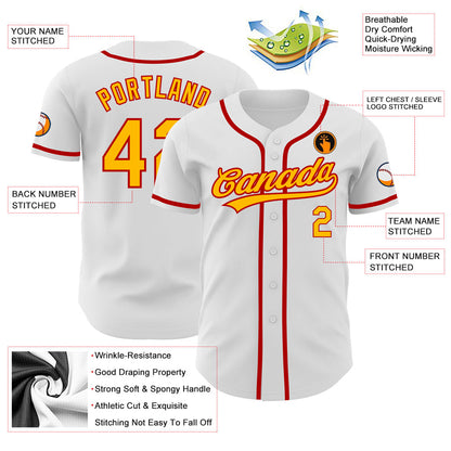Custom White Gold-Red Authentic Baseball Jersey view 3