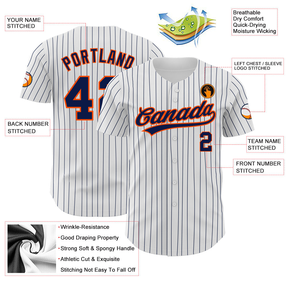 Custom White Navy Pinstripe Navy-Orange Authentic Baseball Jersey view 3