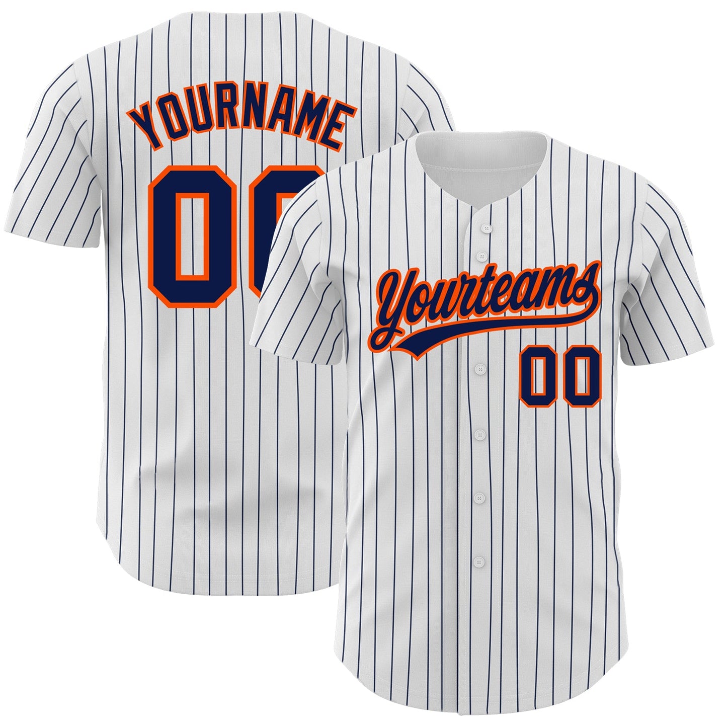 Custom White Navy Pinstripe Navy-Orange Authentic Baseball Jersey - Main View
