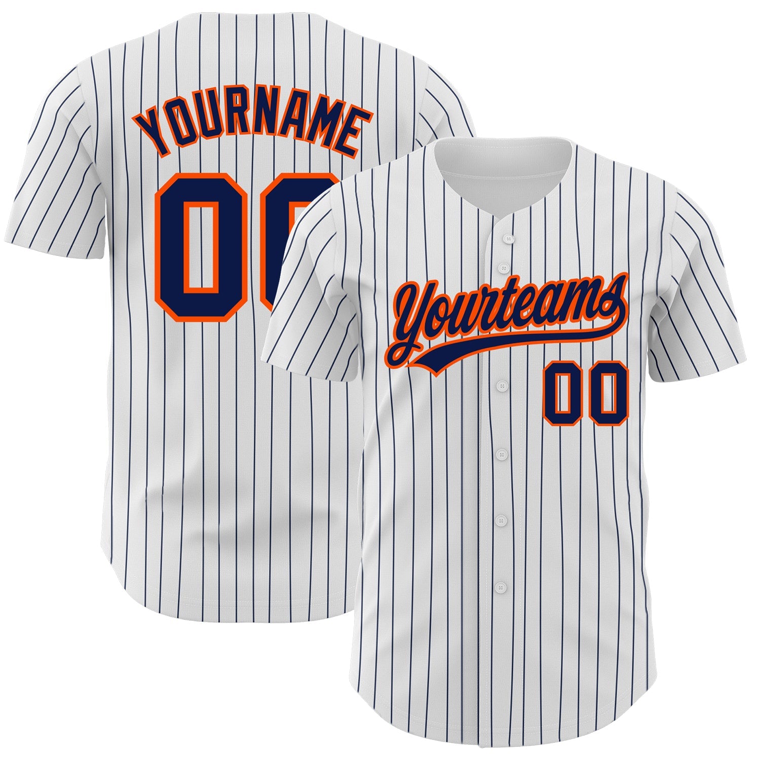 Custom White Navy Pinstripe Navy-Orange Authentic Baseball Jersey - Main View
