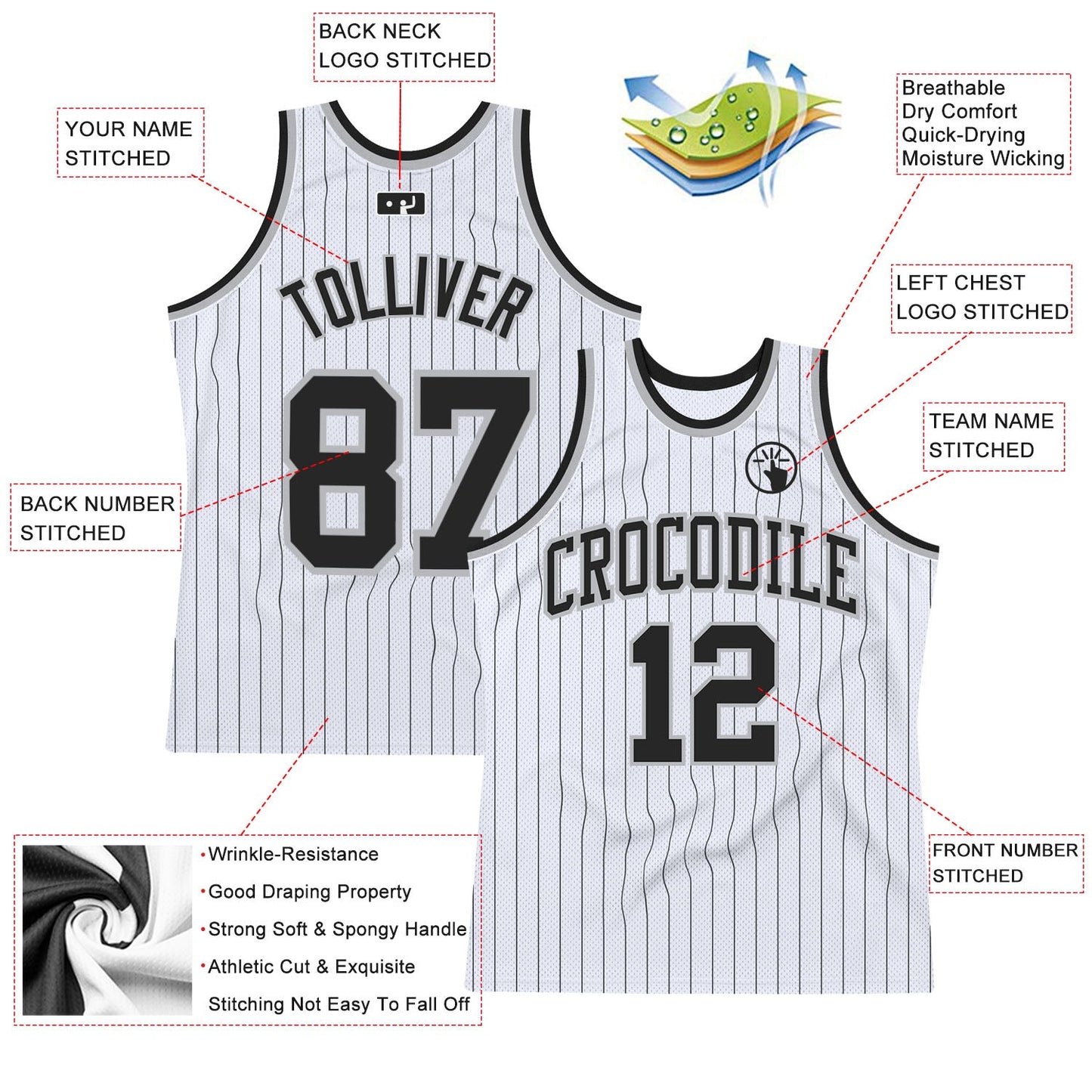 Custom White Black Pinstripe Black-Gray Authentic Basketball Jersey view 2