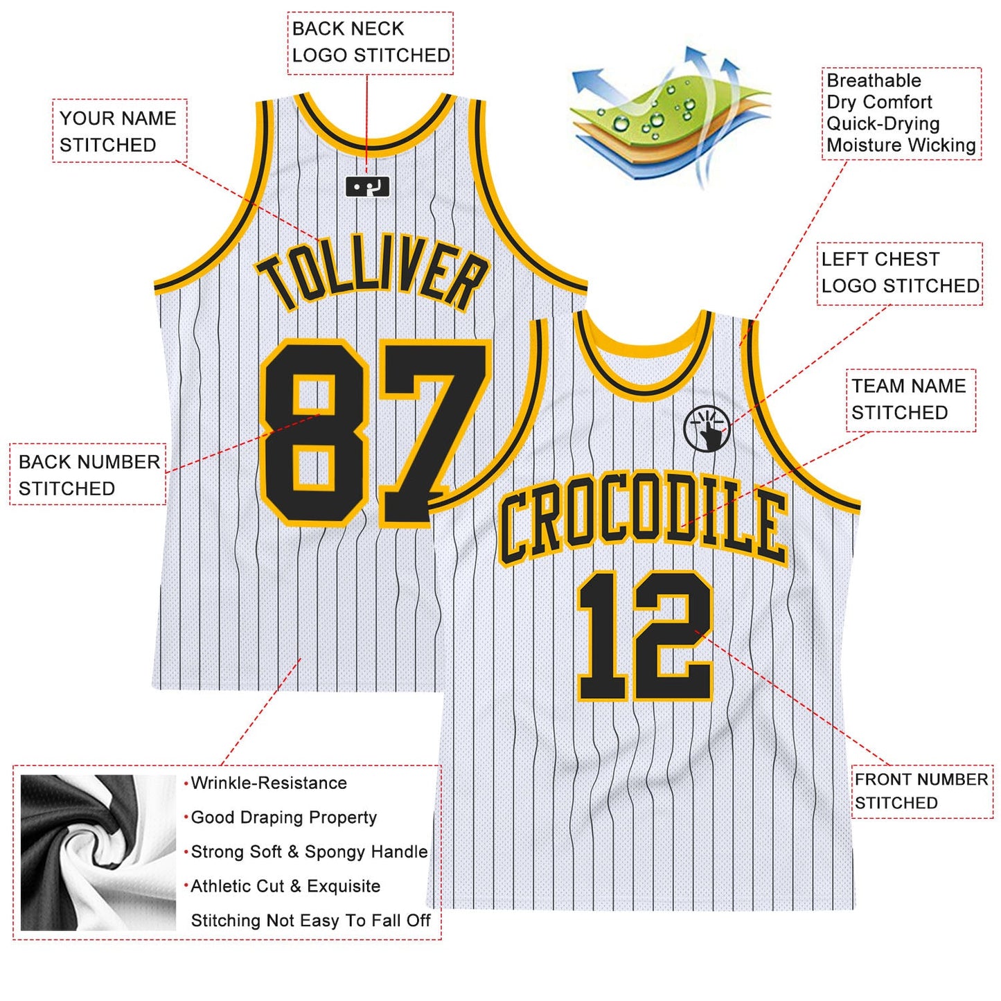 Custom White Black Pinstripe Black-Gold Authentic Basketball Jersey view 2