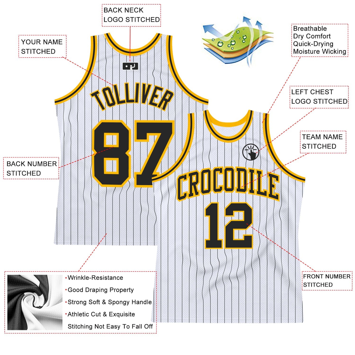 Custom White Black Pinstripe Black-Gold Authentic Basketball Jersey view 2