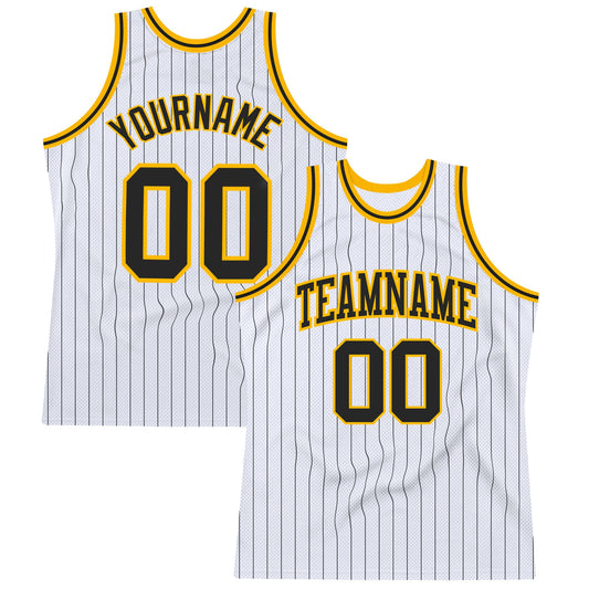 Custom White Black Pinstripe Black-Gold Authentic Basketball Jersey - Main View