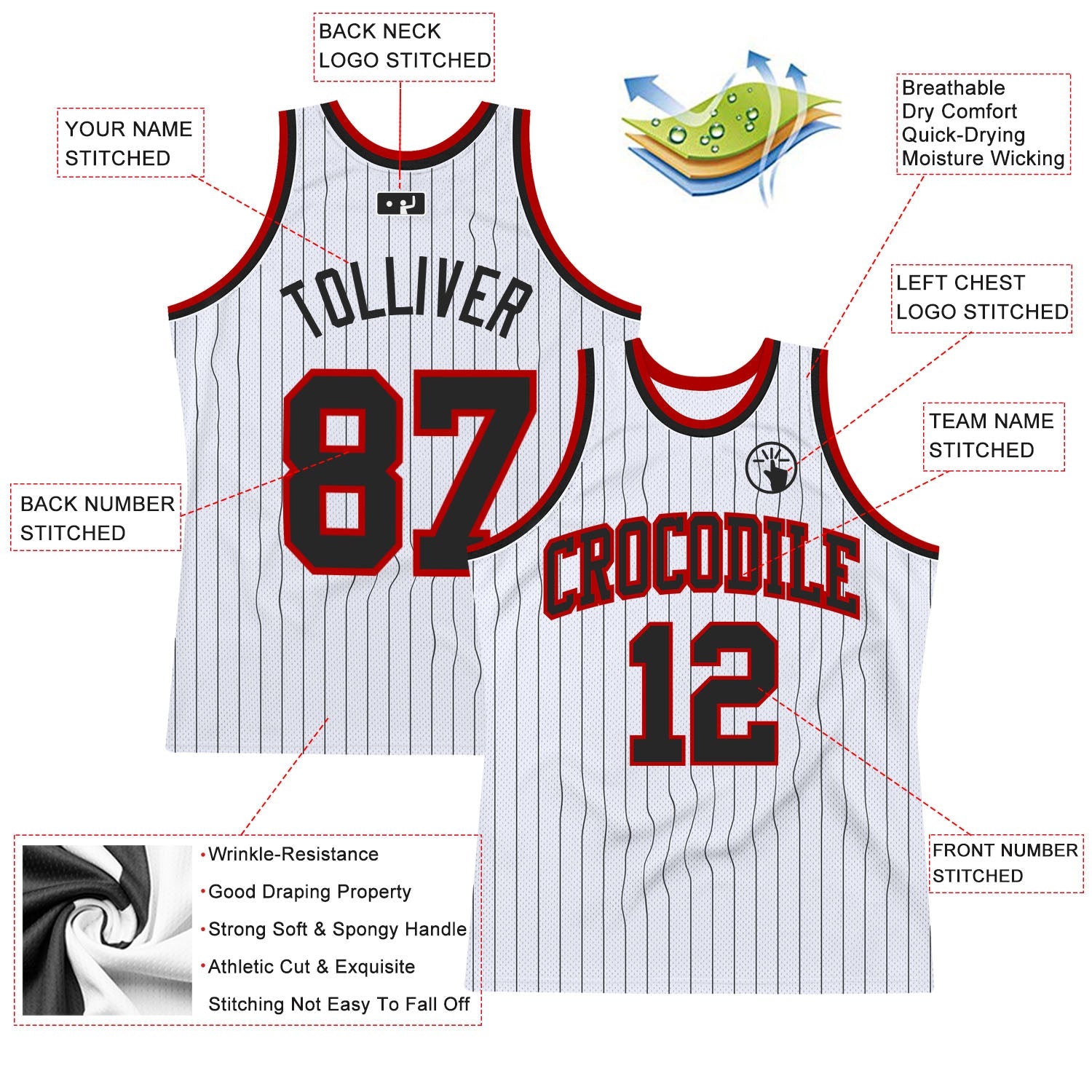 Custom White Black Pinstripe Black-Red Authentic Basketball Jersey view 2