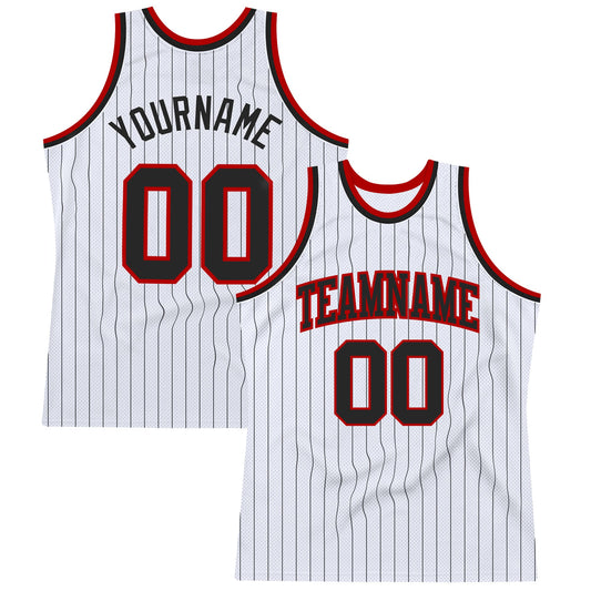 Custom White Black Pinstripe Black-Red Authentic Basketball Jersey - Main View