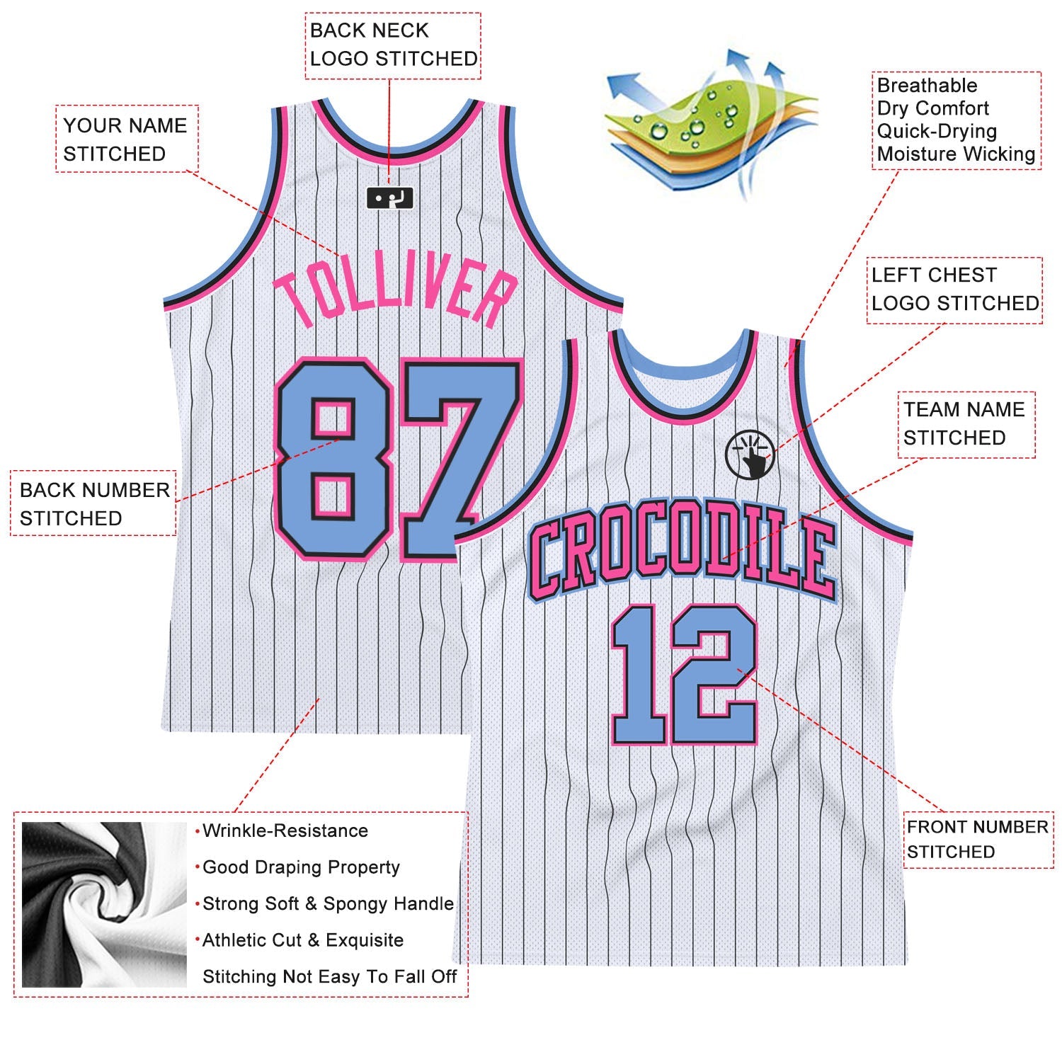 Custom White Black Pinstripe Light Blue-Pink Authentic Basketball Jersey view 2