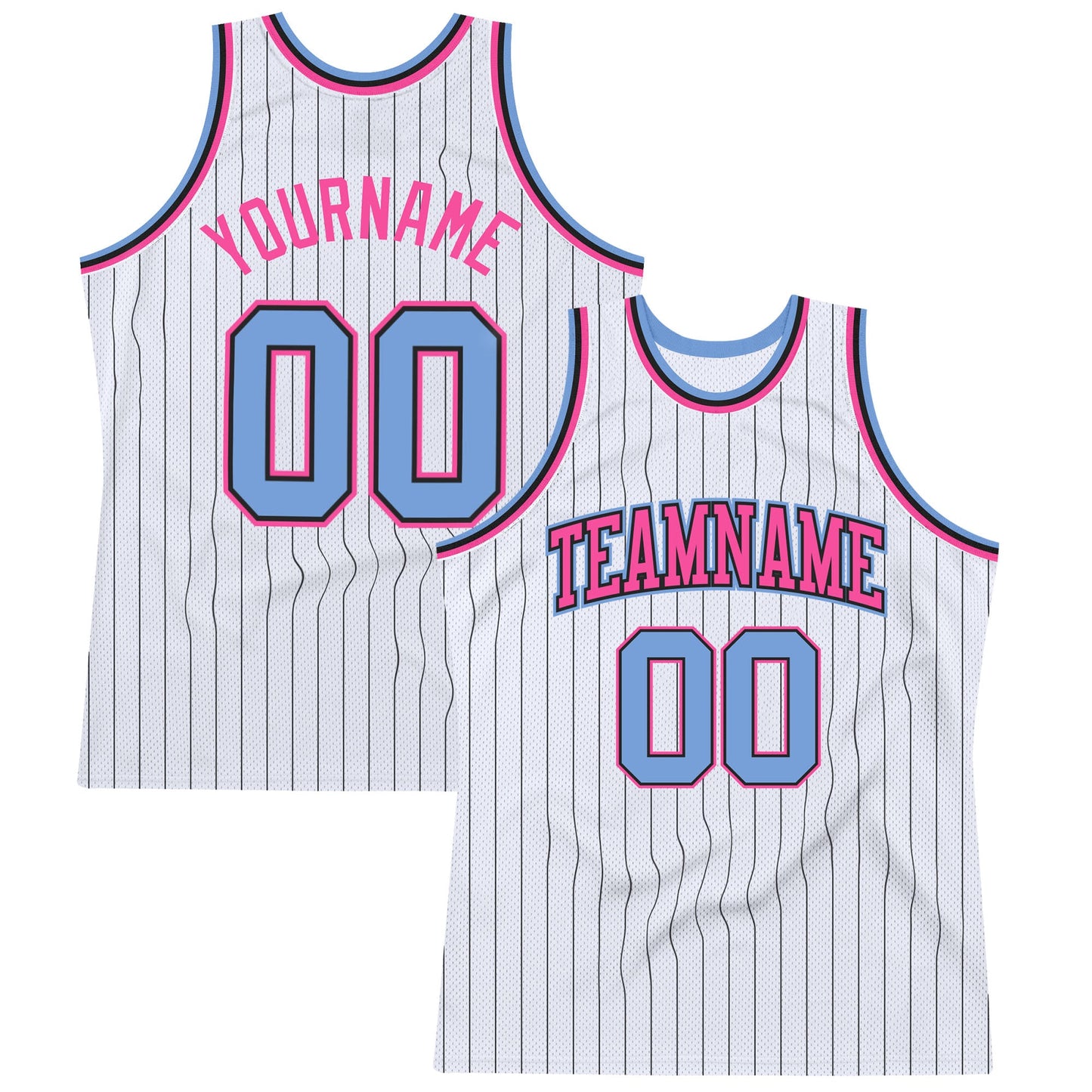 Custom White Black Pinstripe Light Blue-Pink Authentic Basketball Jersey - Main View