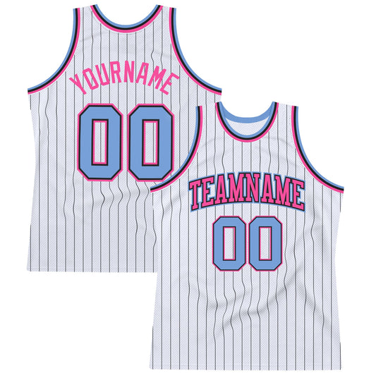 Custom White Black Pinstripe Light Blue-Pink Authentic Basketball Jersey - Main View