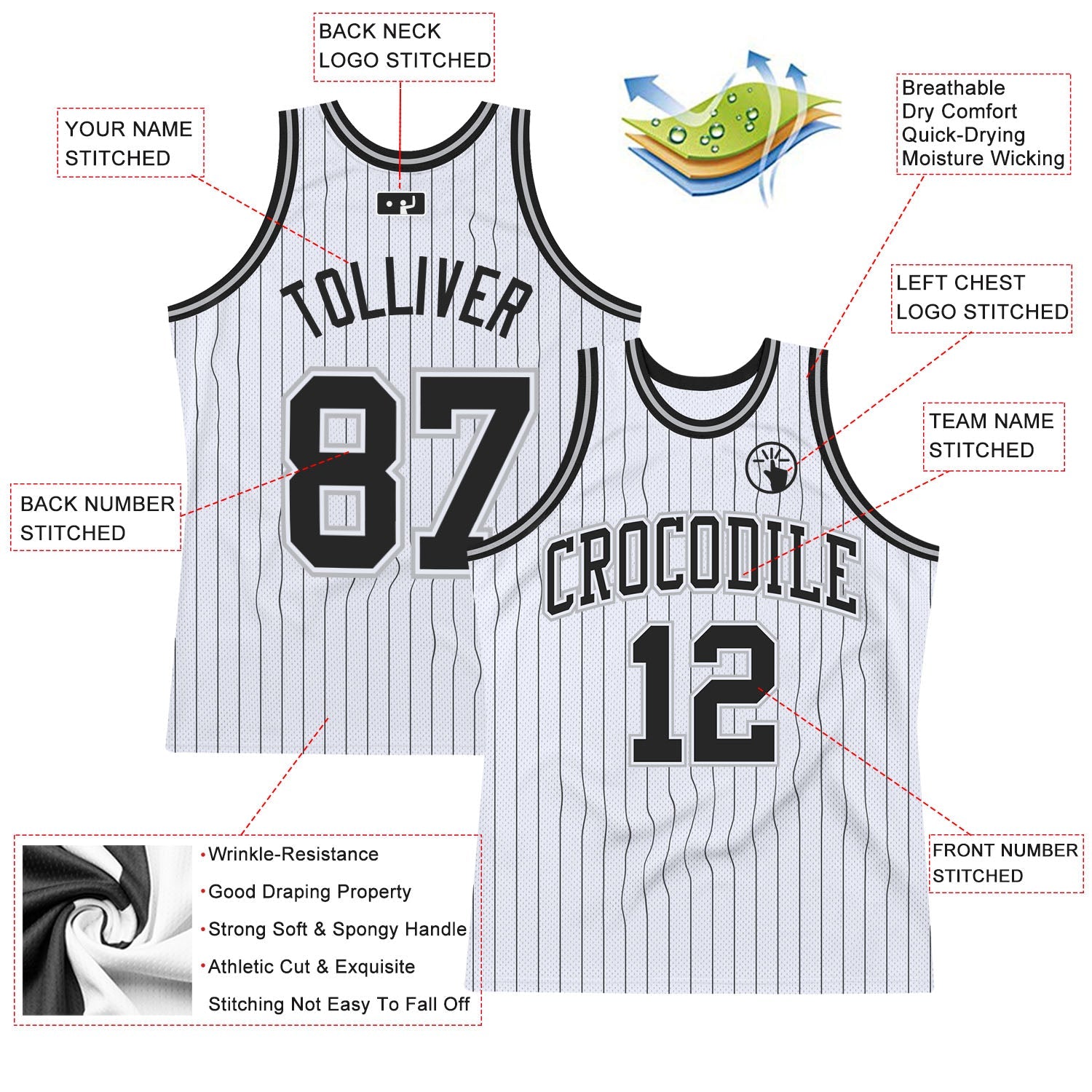Custom White Black Pinstripe Black-Gray Authentic Basketball Jersey view 2