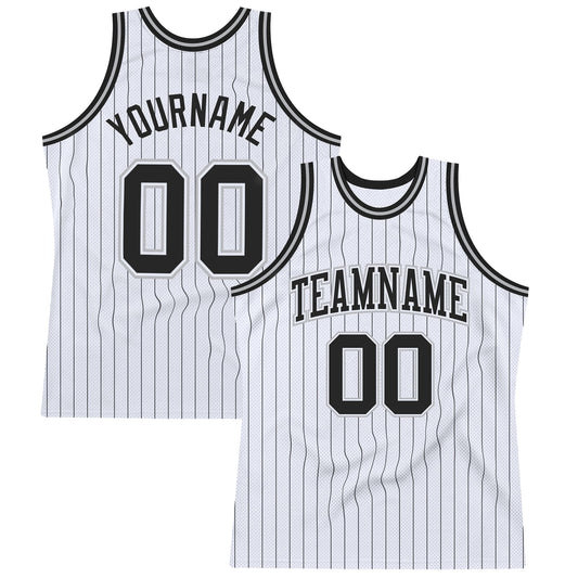 Custom White Black Pinstripe Black-Gray Authentic Basketball Jersey - Main View