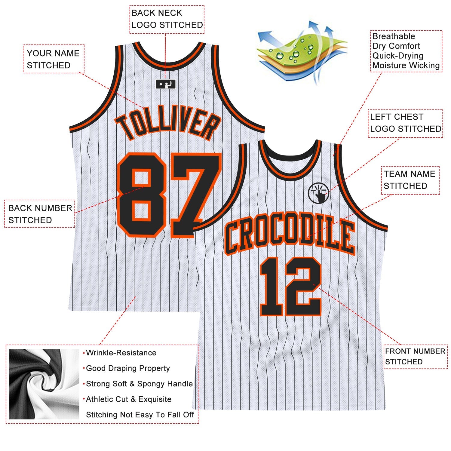 Custom White Black Pinstripe Black-Orange Authentic Basketball Jersey view 2