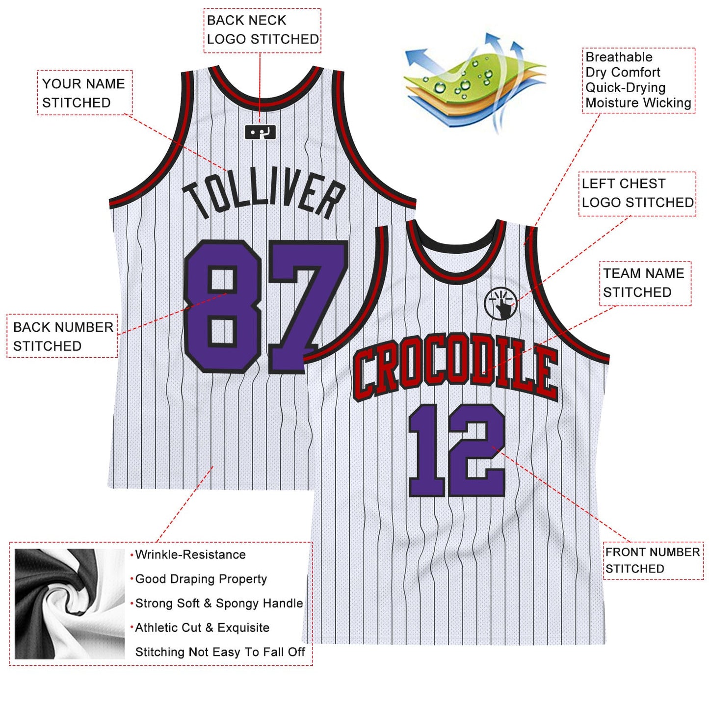 Custom White Black Pinstripe Purple-Red Authentic Basketball Jersey view 2