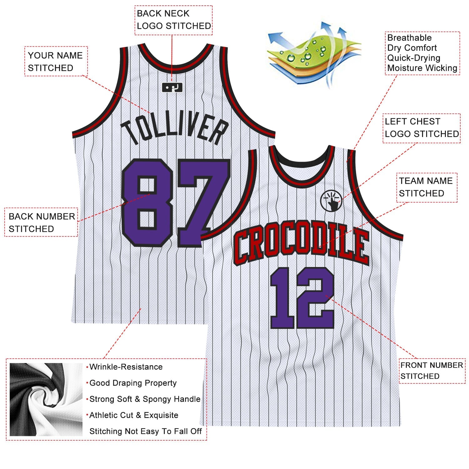 Custom White Black Pinstripe Purple-Red Authentic Basketball Jersey view 2