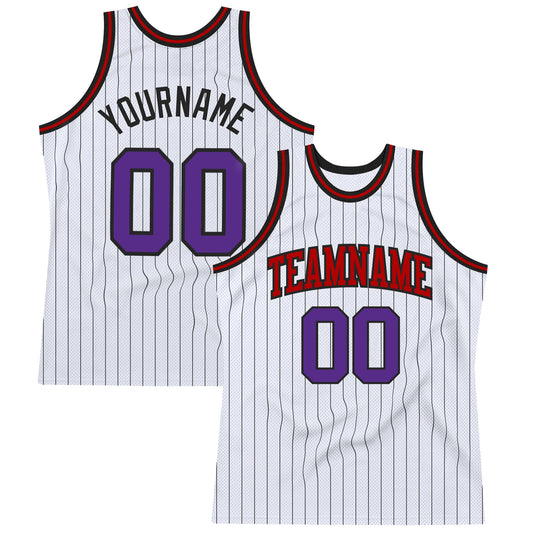 Custom White Black Pinstripe Purple-Red Authentic Basketball Jersey - Main View