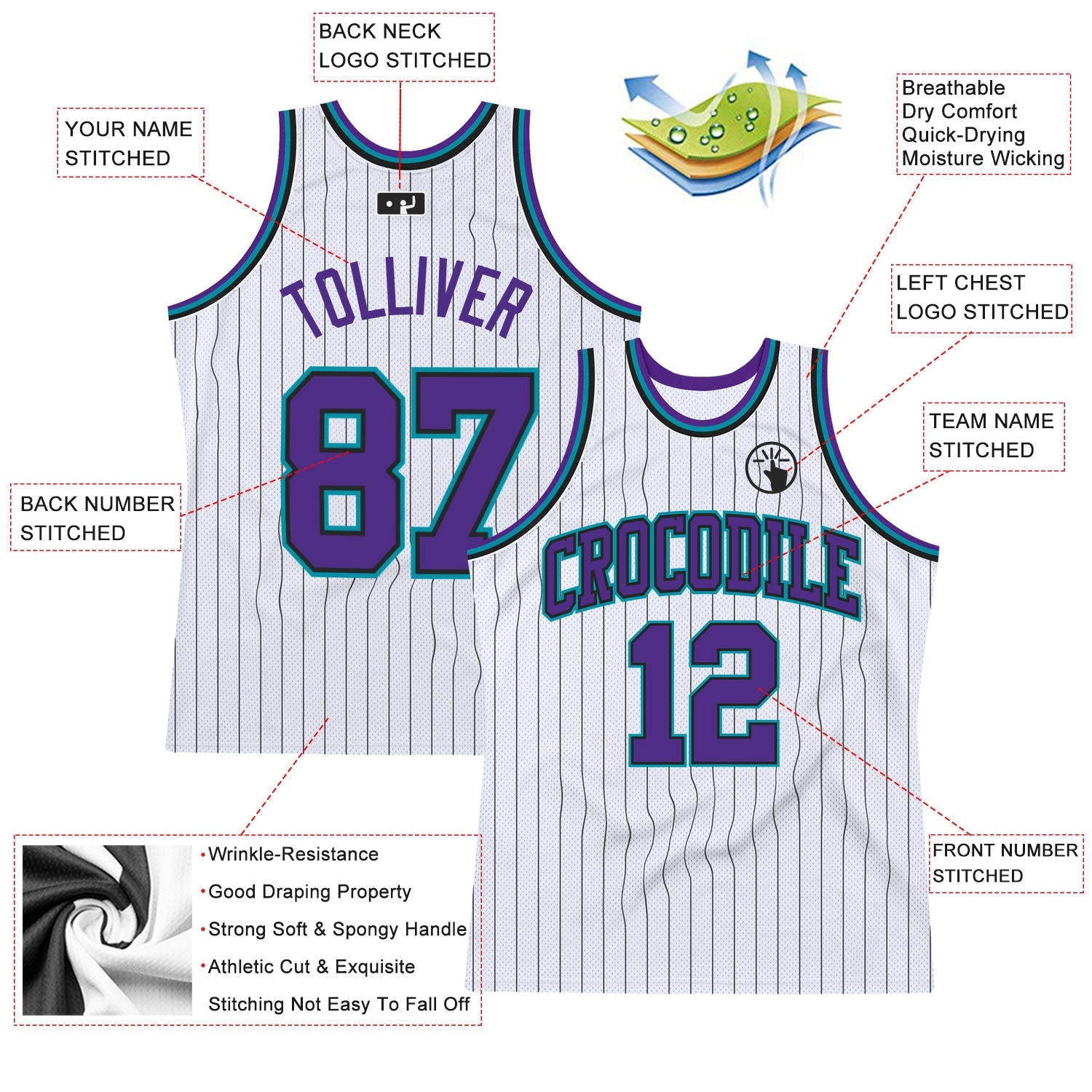 Custom White Black Pinstripe Purple-Teal Authentic Basketball Jersey view 2